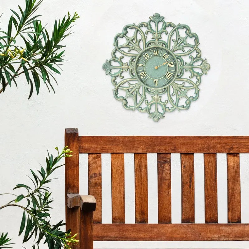 Whitehall Filigree Silhouette thermometer with tall flowering plant and wooden bench
