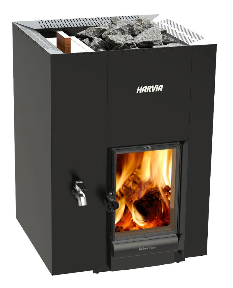 Harvia Linear 22 Wood Burnig Heater Greenflame LS | 30L Left-Side Water Tank | Black | WKLI20GLSM