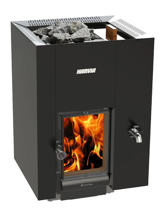 Harvia Linear 22 Wood Burnig Heater Greenflame RS | 30L Right-Side Water Tank | Black | WKLI20GRSM