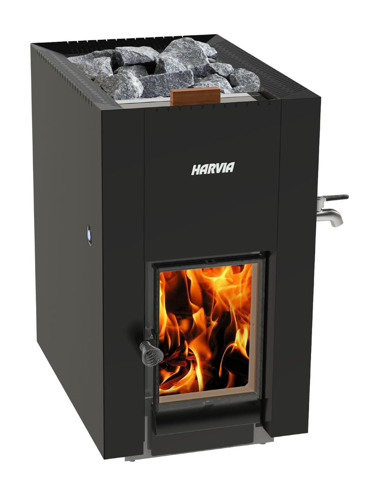 Harvia Linear 22 Wood Burnig Heater Greenflame ES | 30L Front Water Tank | Black | WKLI20GESM