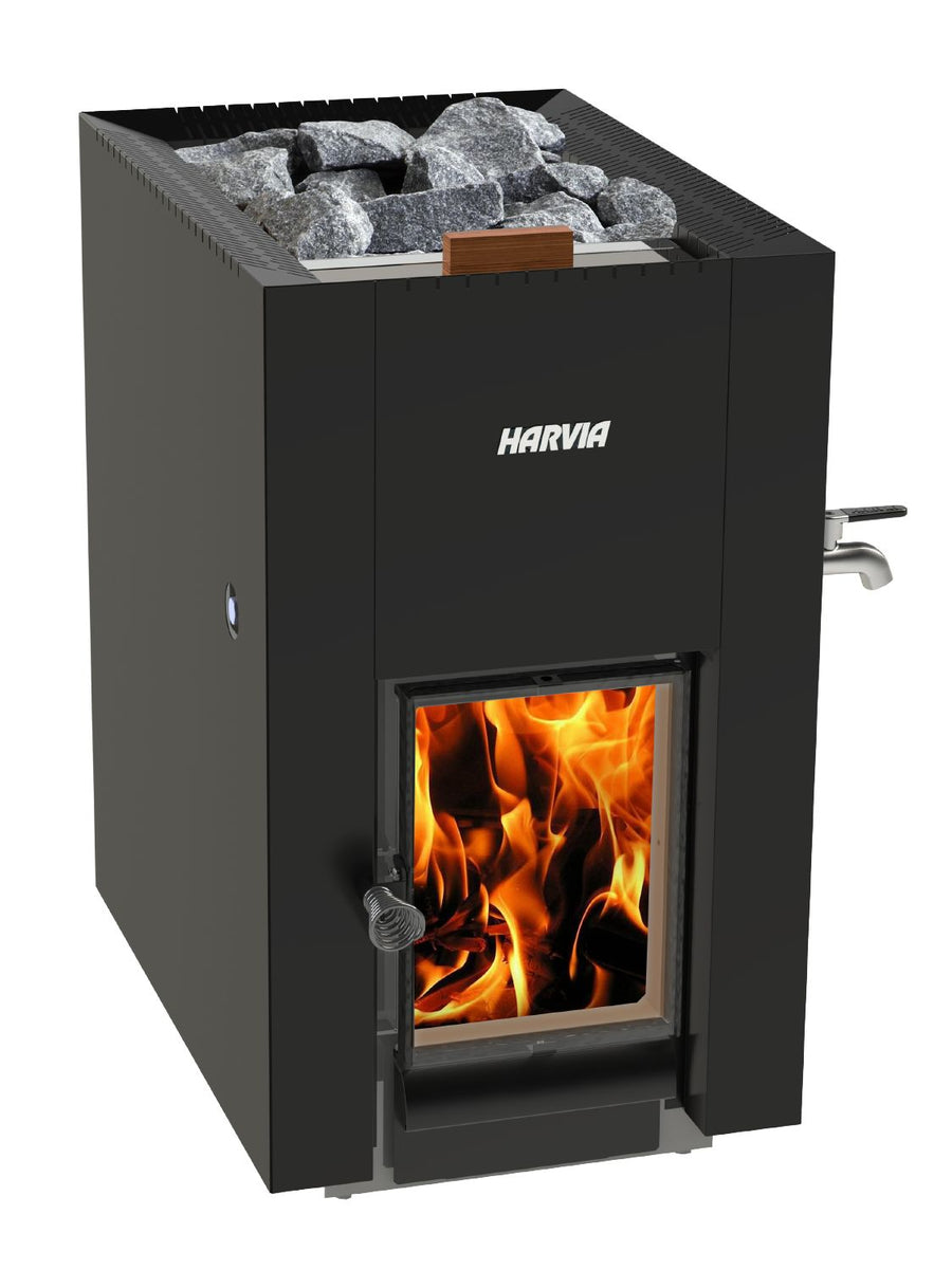 Harvia Linear 22 Wood Burnig Heater Greenflame ES | 30L Front Water Tank | Black | WKLI20GESM