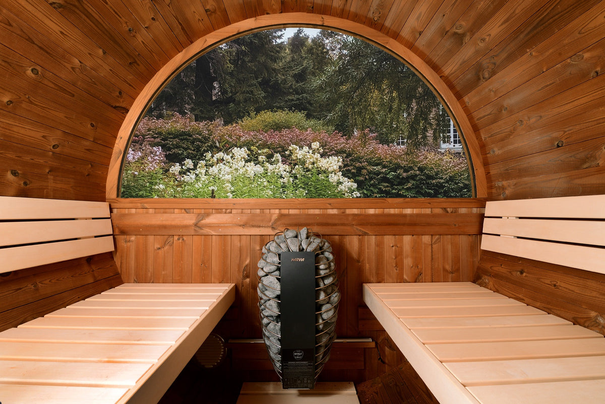 Almost Heaven barrel sauna interior with panoramic half-moon outlook