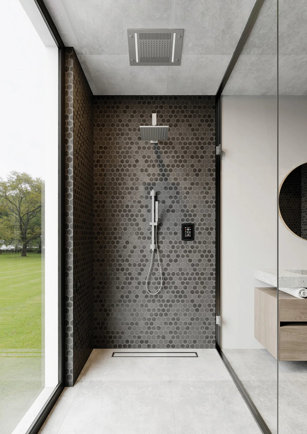 Luxury walk-in shower with ThermaSol fixtures