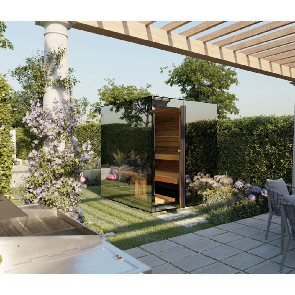 Contemporary outdoor sauna in a garden setting